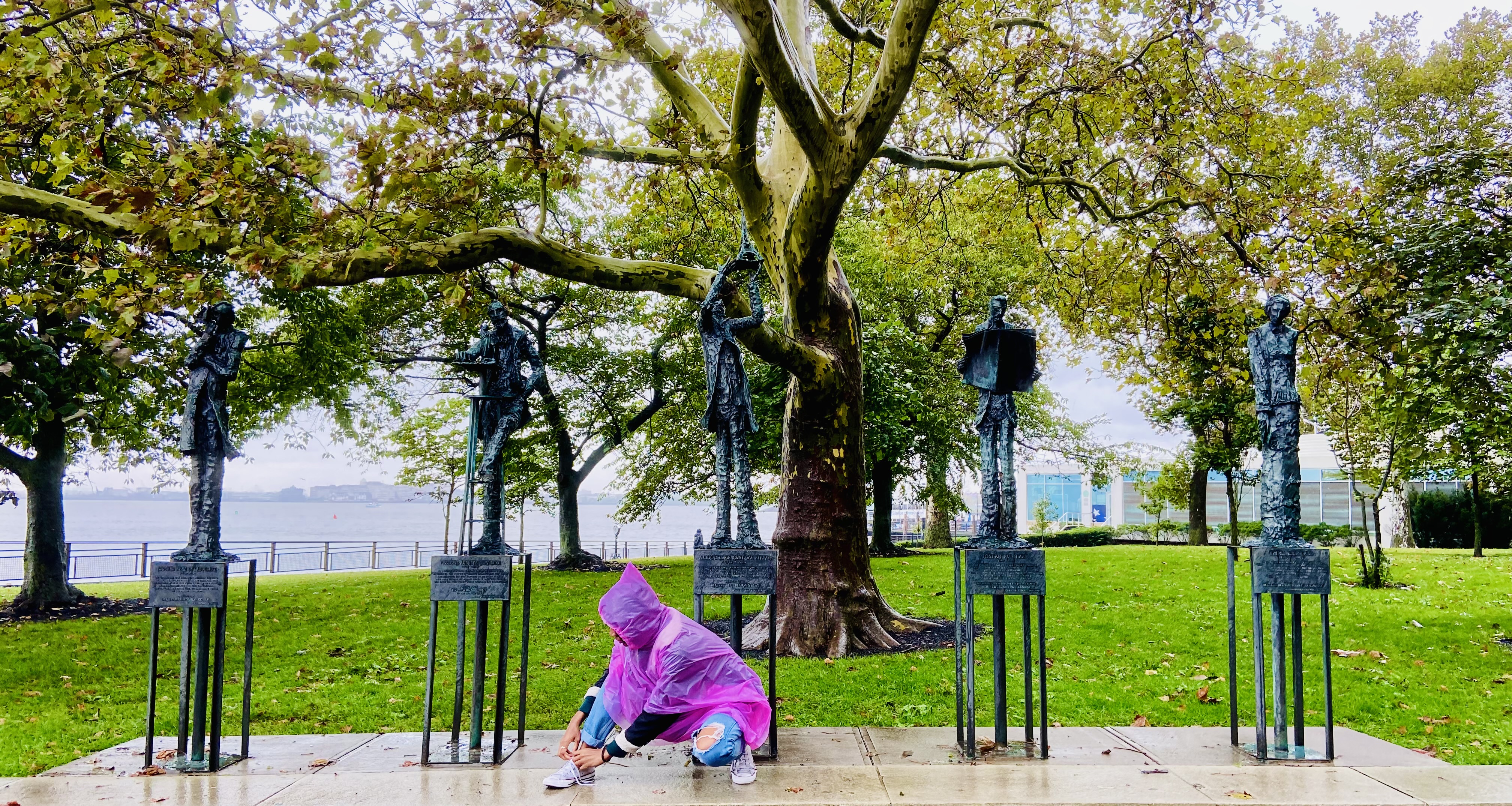 Georgette stooping to tie her shoelaces
